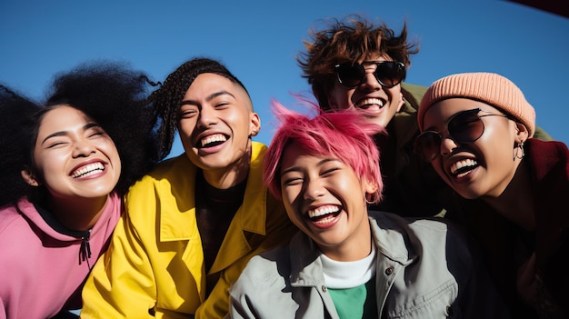 Foto un gruppo di giovani con i capelli colorati e vestiti luminosi che ridono e si divertono