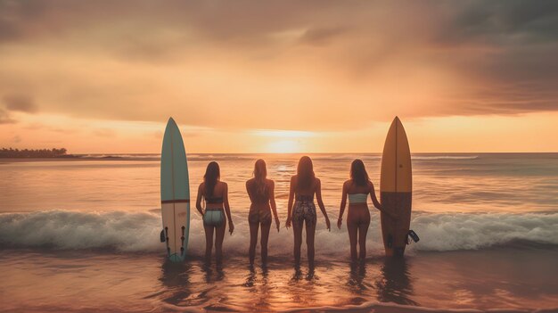 Group of young people with surf tables at the sea