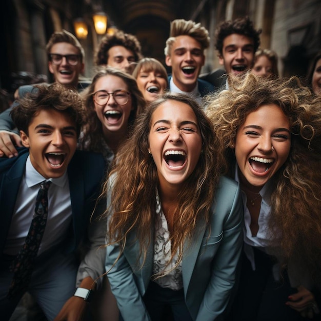 A group of young people with their mouth open and laughing.