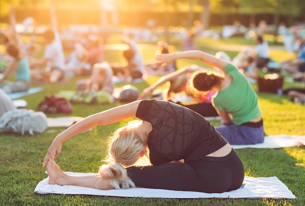 Un gruppo di giovani fa yoga nel parco al tramonto.