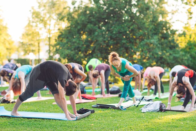 Un gruppo di giovani fa yoga nel parco al tramonto.