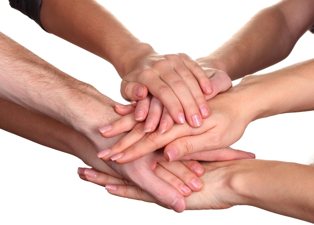 Photo group of young peoples hands isolated on white