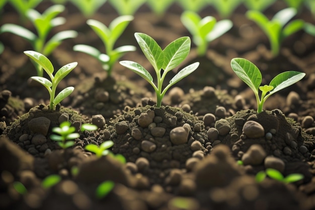 Photo a group of young plants sprouting from the ground organic growth