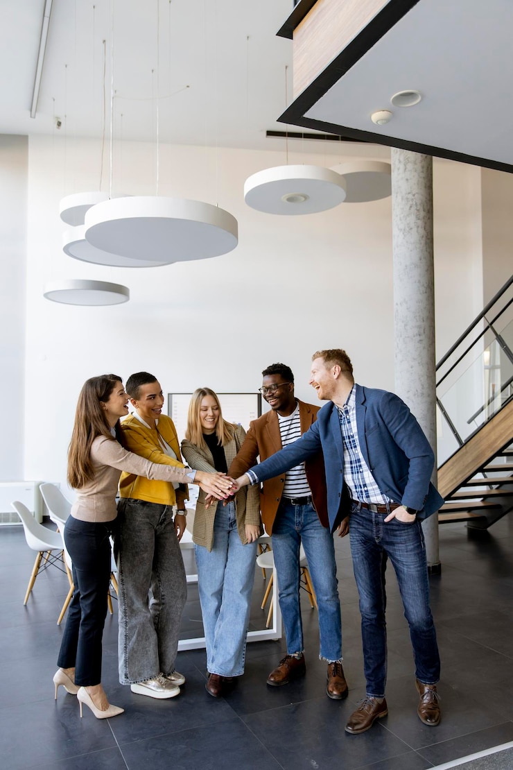 Photo group of young positive businesspeople standing together in the office