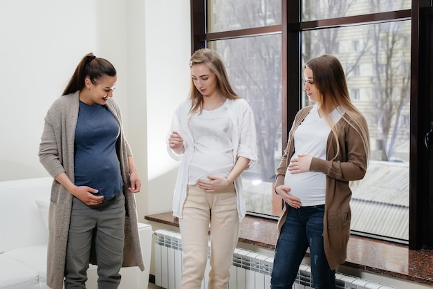 A group of young pregnant girls communicate in the prenatal class. Care and consultation of pregnant women.