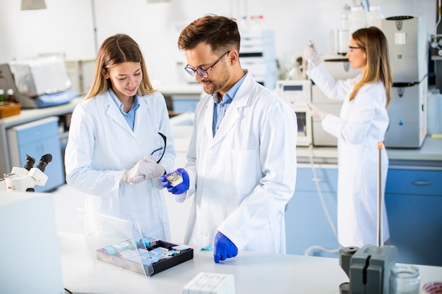 Group of young researchers analyzing chemical data in the laboratory