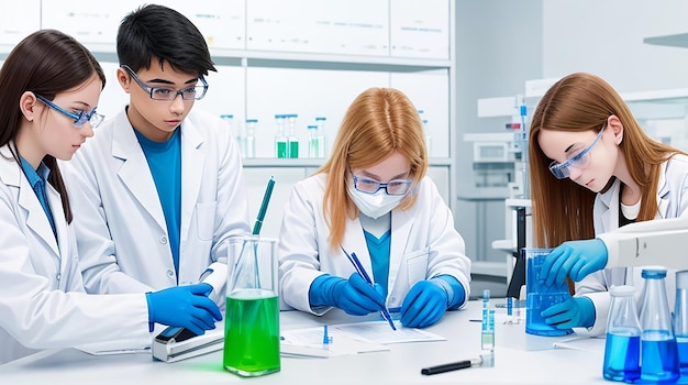 Group of young researchers analyzing chemical data in the laboratory