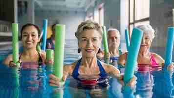 Photo group or young and senior people in aquarobic fitness swimming pool exercising with pool noodle