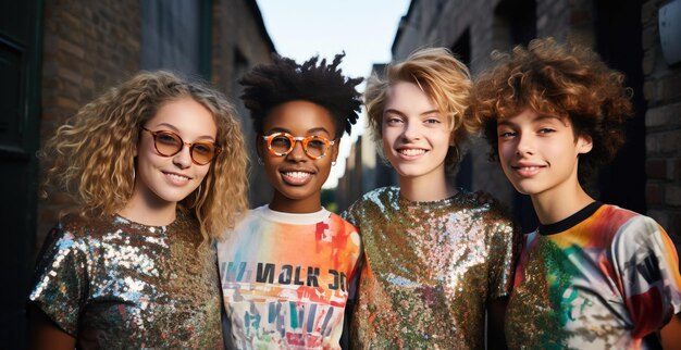 Foto un gruppo di giovani bambini sorridenti in piedi l'uno accanto all'altro nelle loro magliette di moda