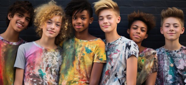 Photo a group of young smiling kids standing next to each other in their fashion tshirts