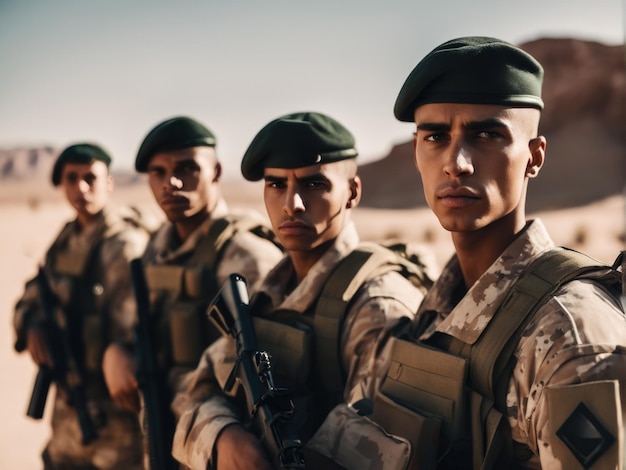 Группа молодых солдат в военной форме, стоящих в пустыне