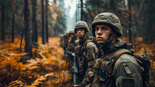 Group of young soldiers in military uniform standing in a forest