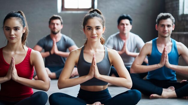 Photo group of young sporty people in ardha matsyendrasana pose close