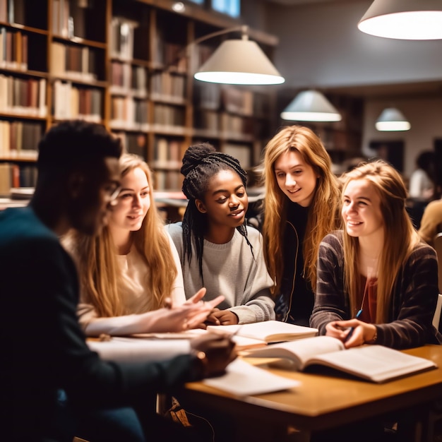 a group of young student discussing in the library