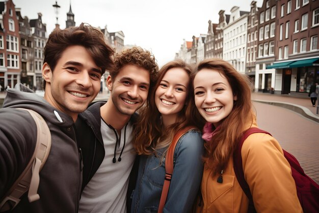 Group of Young Students Traveling in Europe Exploring Aesthetics and Culture