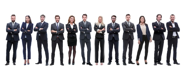 Group of young successful entrepreneurs standing in a row isolated on white background