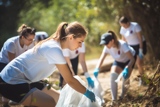 Photo group of young volunteers helping to keep nature clean and picking up the garbage from a sandy shore