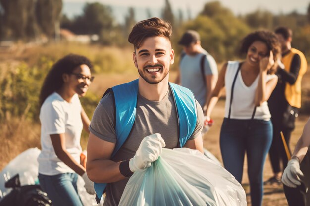 자연 을 깨 하게 유지 하는 데 도움 을 주는 젊은 자원 봉사자 들 의 그룹 과 모래 해변 에서 쓰레기 를 모으는 일