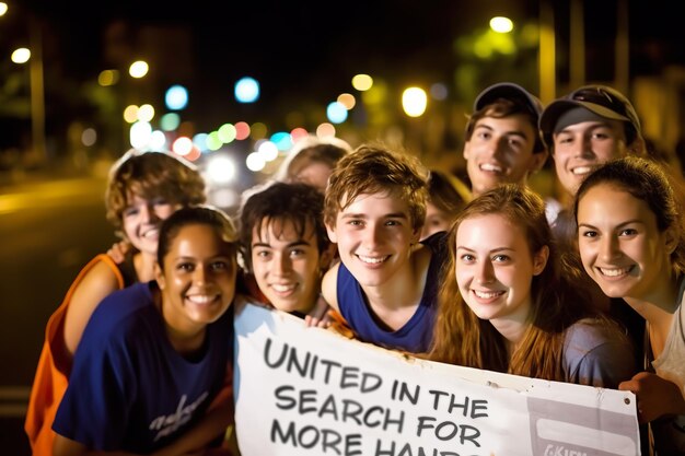 A group of young volunteers with a sign united in the search for more hands generative ai