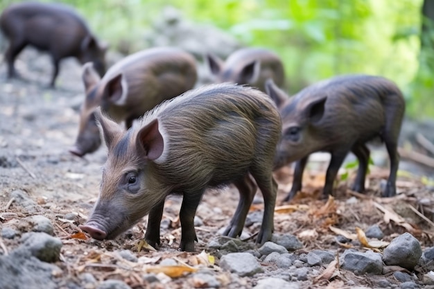 A group of young wild boar foraging for food