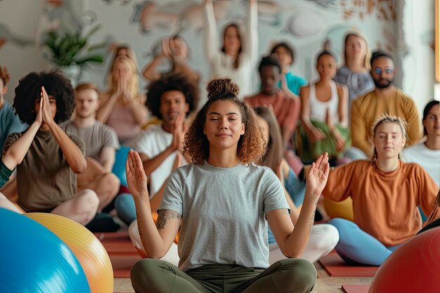 Photo group of young woman people doing yoga exercise in club