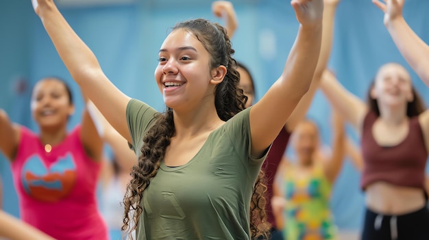 A group of young women are dancing in a studio They are all smiling and having fun