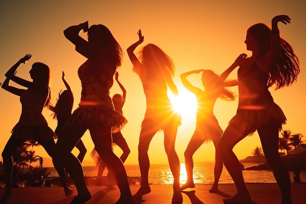 Group of young women dancing in bikinis