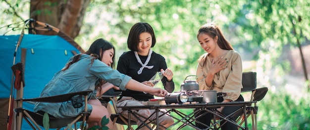 Group of young women enjoy to cooking meal in pan with gas\
stove at front of camping tent in park