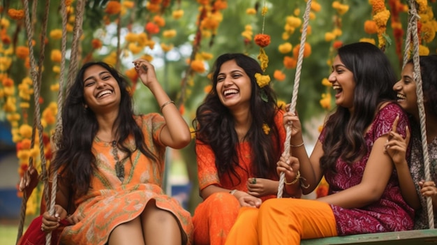 A group of young women enjoying the festivities of Teej by swinging on beautifully decorated swings