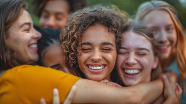 a group of young women hugging each other one of them is wearing a yellow shirt