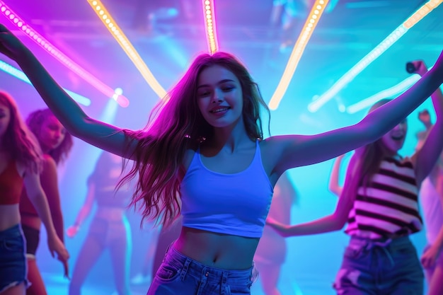 Photo a group of young women joyfully dancing and moving energetically amidst the lively atmosphere of a nightclub enthusiastic teenagers dancing in high spirits under vibrant disco lights ai generated