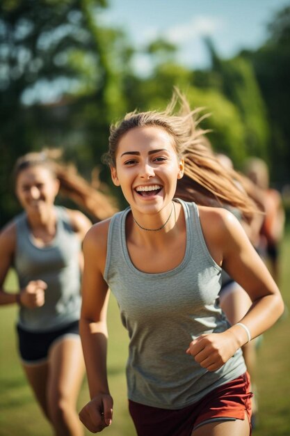 a group of young women running in a park