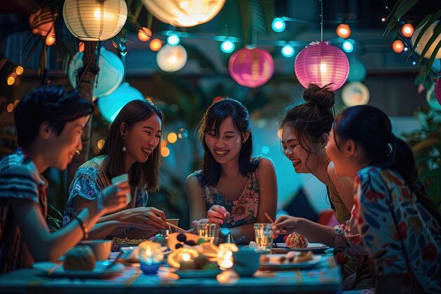 Photo a group of young women sitting around a table