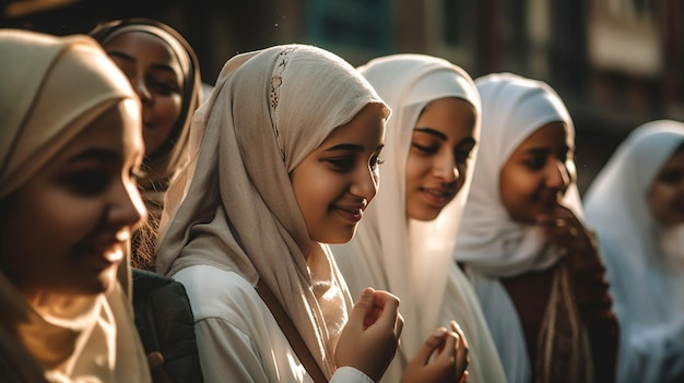 A group of young women stand in a line, one of them has a white scarf on her head.