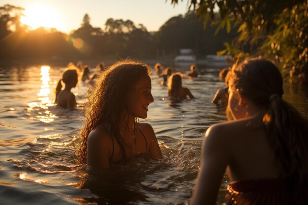 湖で泳ぐ若い女性のグループ