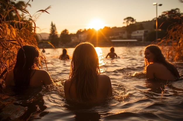 группа молодых женщин, купающихся в озере