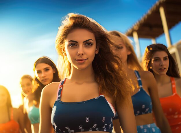 A group of young women in swimsuits