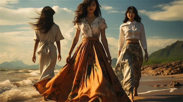 Group of young women walking on the beach at sunset Selective focus