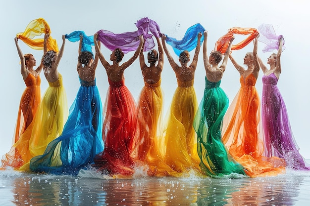 Photo a group of young women waving scarves and dancing