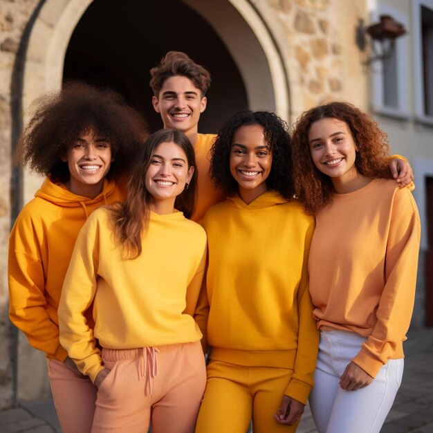 A group of young women wearing yellow shirts with a man wearing yellow pants.