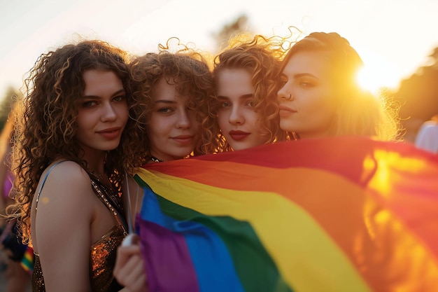 Group of young women with lgbt rainbow flags at sunset