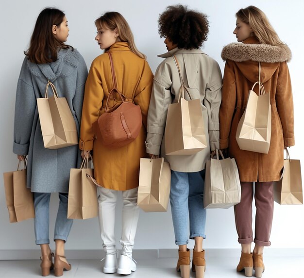 A group of young women with shopping bags in each hand