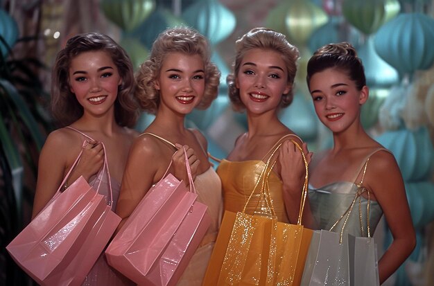 A group of young women with shopping bags in each hand