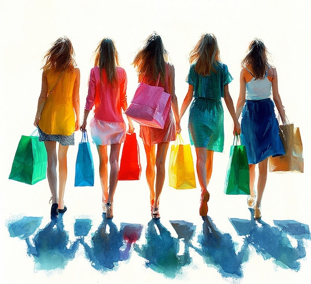 A group of young women with shopping bags in each hand