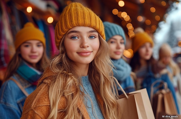 各手にショッピングバッグを持った若い女性のグループ