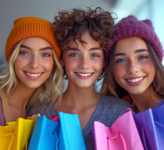 A group of young women with shopping bags in each hand