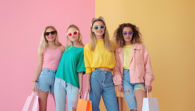 Group of young women with shopping bags and new purchases on color background