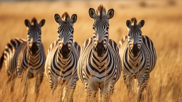 Photo a group of zebras are standing in a field with the background of the savannah