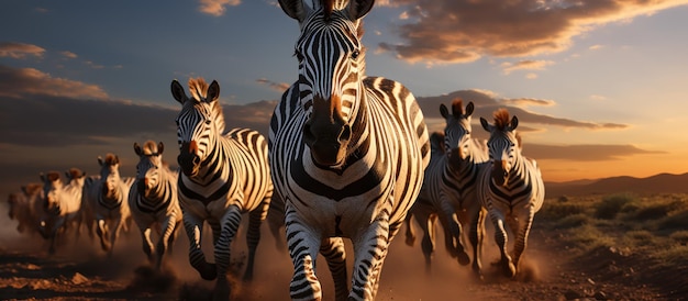 Group of zebras in the desert at sunset