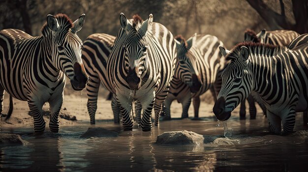 Photo a group of zebras drinking from a watter hole in the forest